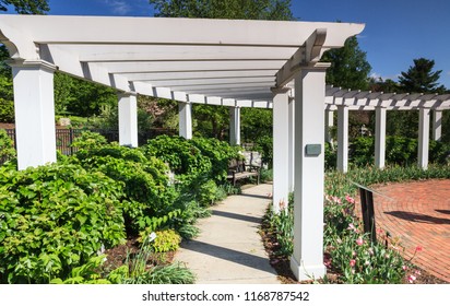 White Pergola And Pathway At Hershey Gardens In Pennsylvania.