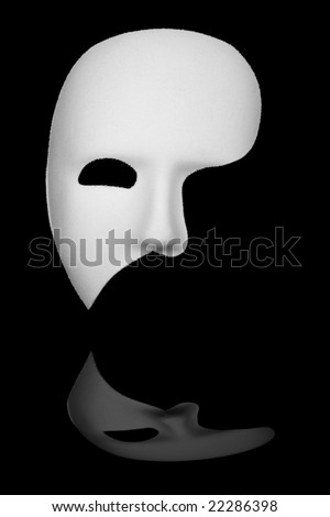 White phantom of the opera half face mask isolated on black background