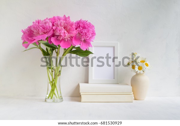 White Photo Mockup Frame Flowers Vase Stock Photo Edit Now 681530929