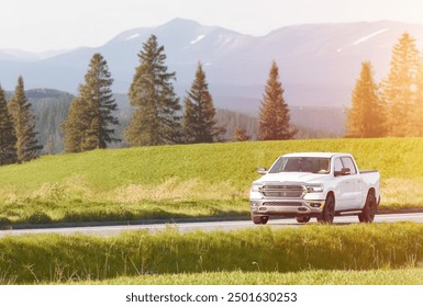 White pickup truck driving past forest