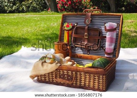 A white picnic blanket with a picnic basket on it, apples, watermelon, sandwiches in a basket. Green grass, trees and bushes in bloom on the background