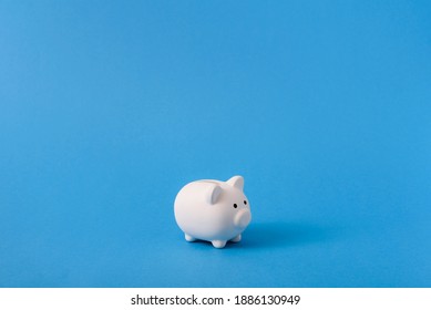 White piggy bank on blue color background. Saving, money accumulation, investment, banking or business services, wealth concept. Copy space advertising mock up