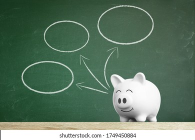 White Piggy Bank On Wood Shelf Against A Drawing Circle On Chalkboard Background                        