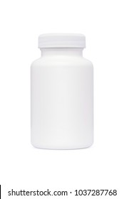 White Pill Or Vitamin Dietary Supplement Bottle, Medical Drug Plastic Bottle Isolated On White Background With Clipping Path.