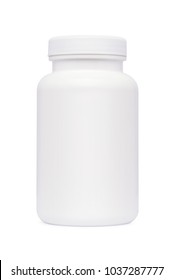 White Pill Or Vitamin Dietary Supplement Bottle, Medical Drug Plastic Bottle Isolated On White Background With Clipping Path.