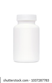 White Pill Or Vitamin Dietary Supplement Bottle, Medical Drug Plastic Bottle Isolated On White Background With Clipping Path.