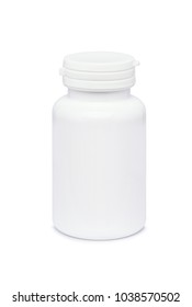 White Pill Or Vitamin Dietary Supplement Bottle, Medical Drug Plastic Bottle Isolated On White Background With Clipping Path.