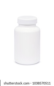 White Pill Or Vitamin Dietary Supplement Bottle, Medical Drug Plastic Bottle Isolated On White Background With Clipping Path.