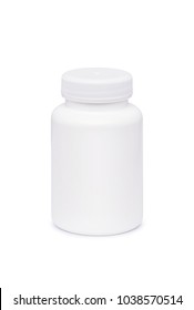 White Pill Or Vitamin Dietary Supplement Bottle, Medical Drug Plastic Bottle Isolated On White Background With Clipping Path.