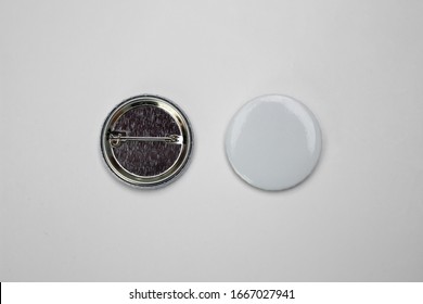 White Pin Button. Pin Button Set. Collection Of Realistic Pin Buttons. White Blank Badge Pin Brooch Isolated On White Background. Photo Of Badge.Badge Mock-up Isolated On Background.