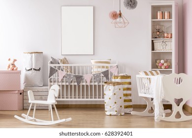 White And Pink, Pastel Baby Room With Cot And Cradle