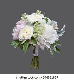 White Pink Peony And Garden Rose Bridal Bouquet Isolated On Grey Background