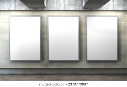 White plain empty blank indoor vertical subway station backlit vertical poster banner advertising sign