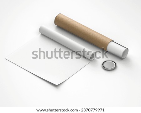 white plain empty blank rolled canvas poster and paper tube with metallic cap on isolated background