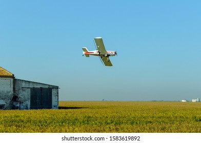  white plane fumigating rice fields with blue sky