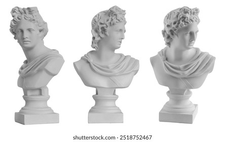 White plaster copy of the antique statue of Apollo, the God of the Sun. Isolated object on a white background. Statue as decoration in the interior. Plaster sculpture of a human face - Powered by Shutterstock