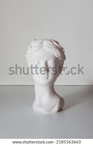 White plaster female antique statue's head on a gray background. Contemporary art