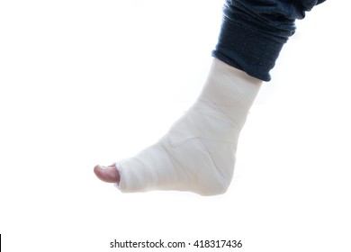 White Plaster And Fiberglass Leg Cast Worn By A Young Man(isolated On White)