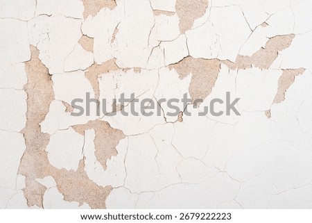 White plaster wall with extensive cracking and peeling revealing the rough layer underneath.