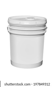 White Plastic 5 Gallon Paint Container With Blank Label, Isolated With Clipping Path