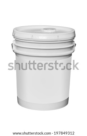 White plastic 5 gallon paint container with blank label, isolated with clipping path