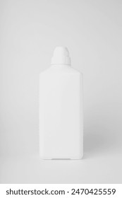 White plastic bottle mockup, front view standing on white background, vertical. Bottle template for washing, sanitizer, cleanser, medicine cosmetic for design, advertising, branding, displaying. 