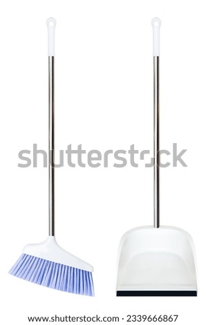 White plastic broom and dustpan isolated on white background with clipping path