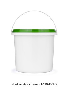White Plastic Bucket With Lid On A White Background.