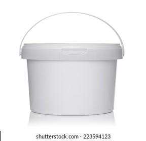 White Plastic Bucket With Lid On A White Background.