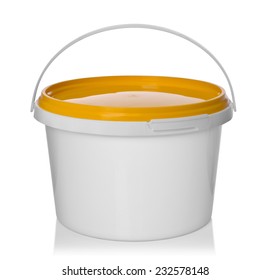 White Plastic Bucket With Lid On A White Background.