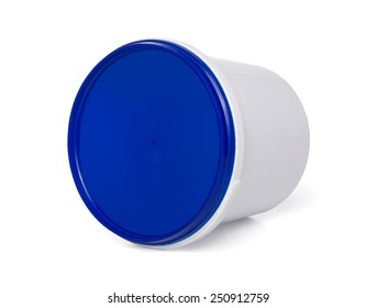 White Plastic Bucket With Lid On A White Background.