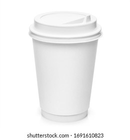 White plastic coffee cup, isolated on white background
