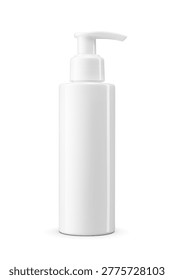 White plastic container with a pump applicator for dispensing liquid products isolated on a white background.
