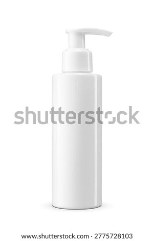 White plastic container with a pump applicator for dispensing liquid products isolated on a white background.