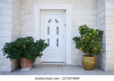 White plastic entrance door and facade decorations with plants - Shutterstock ID 2175474009