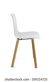 White Plastic Modern Chair With Wood Legs, Side View