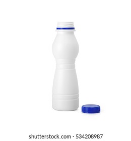 White Plastic Opened Yogurt Milk Bottle With Blue Lid Isolated On White Background. Packaging Template Mockup Collection. With Clipping Path Included.