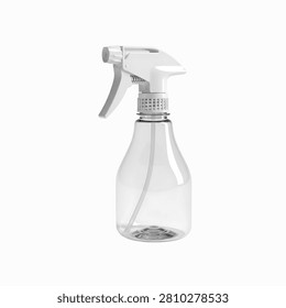 White plastic spray bottle with trigger mechanism on transparent background