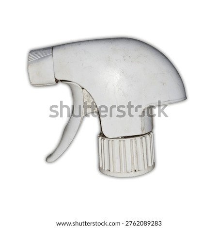 White plastic spray trigger nozzle head for cleaning bottle isolated white background 