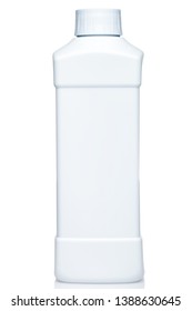 A White Plastic Square-shaped Bottle With A Round Cap Is Isolated On A White Background, Copy Space For Label.