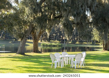 White plastic table and chairs outside in a garden on green lawn by a pond or lake in the afternoon sun and a peaceful relaxing serene tranquil setting