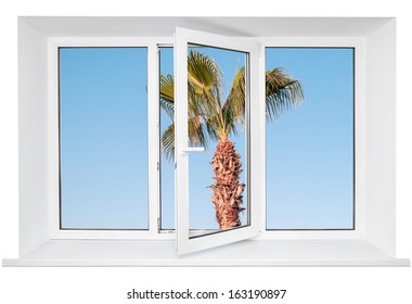 White plastic triple door window with palm tree on blue sky through glass. Isolated on white background. Opened door