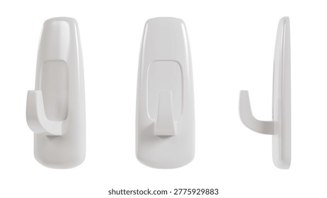 White plastic wall hook set, three adhesive hooks shown in front, angle, and side views, isolated on a white background, representing home organization, storage solution, and interior utility concept.