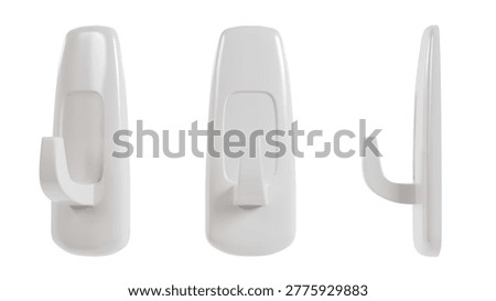 White plastic wall hook set, three adhesive hooks shown in front, angle, and side views, isolated on a white background, representing home organization, storage solution, and interior utility concept.