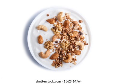 White Plate With Greek Yogurt Granola, Almond, Cashew, Walnuts Isolated On White Background. Top View.