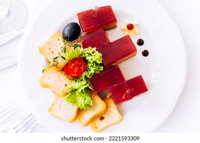 White Plate With Meal On Luxury Restaurant Reception