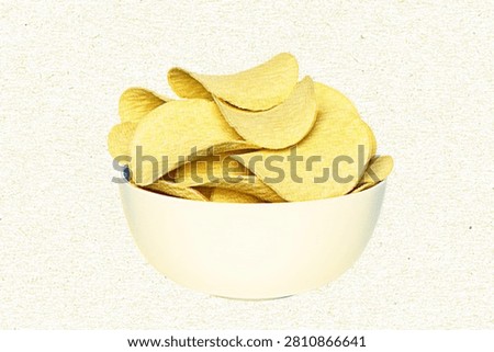 White plate with potato chips in Risograph style with a textured vintage print effect, For food and branding design