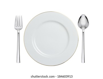 White Plate, Spoon And Fork Isolated On White