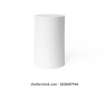 White podium mockup cylinder shape isolated on white background. Pedestal, stage or platform for product presentation with empty space for display photo template