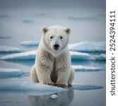 A white polar bear stands majestically against a backdrop of icy blue waters and shimmering ice floes. Its thick, white fur, which appears almost fluffy, provides excellent insulation against the frig